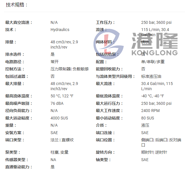 派克PVP系列柱塞泵技術(shù)規(guī)格